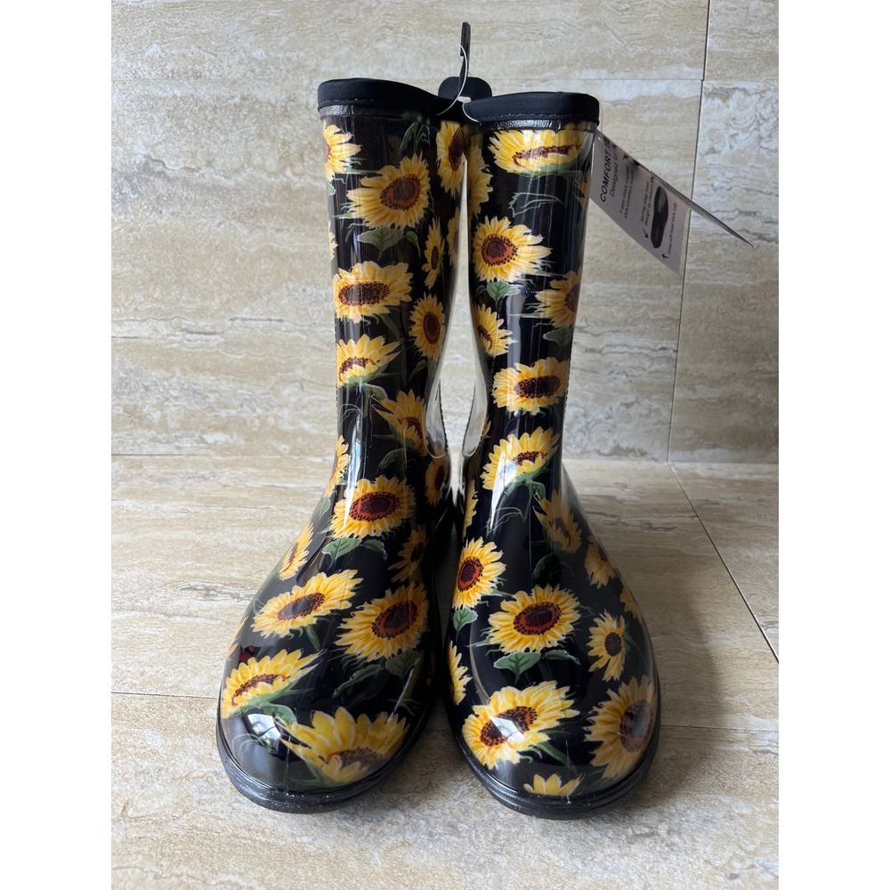 Sloggers Rain Boots Womens 11 Black NWT Sunflower Floral Waterproof Garden Mid